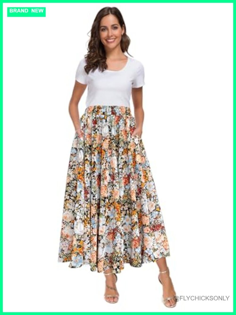 Women High Waist Floral Chiffon Swing Midi Skirt with Pockets